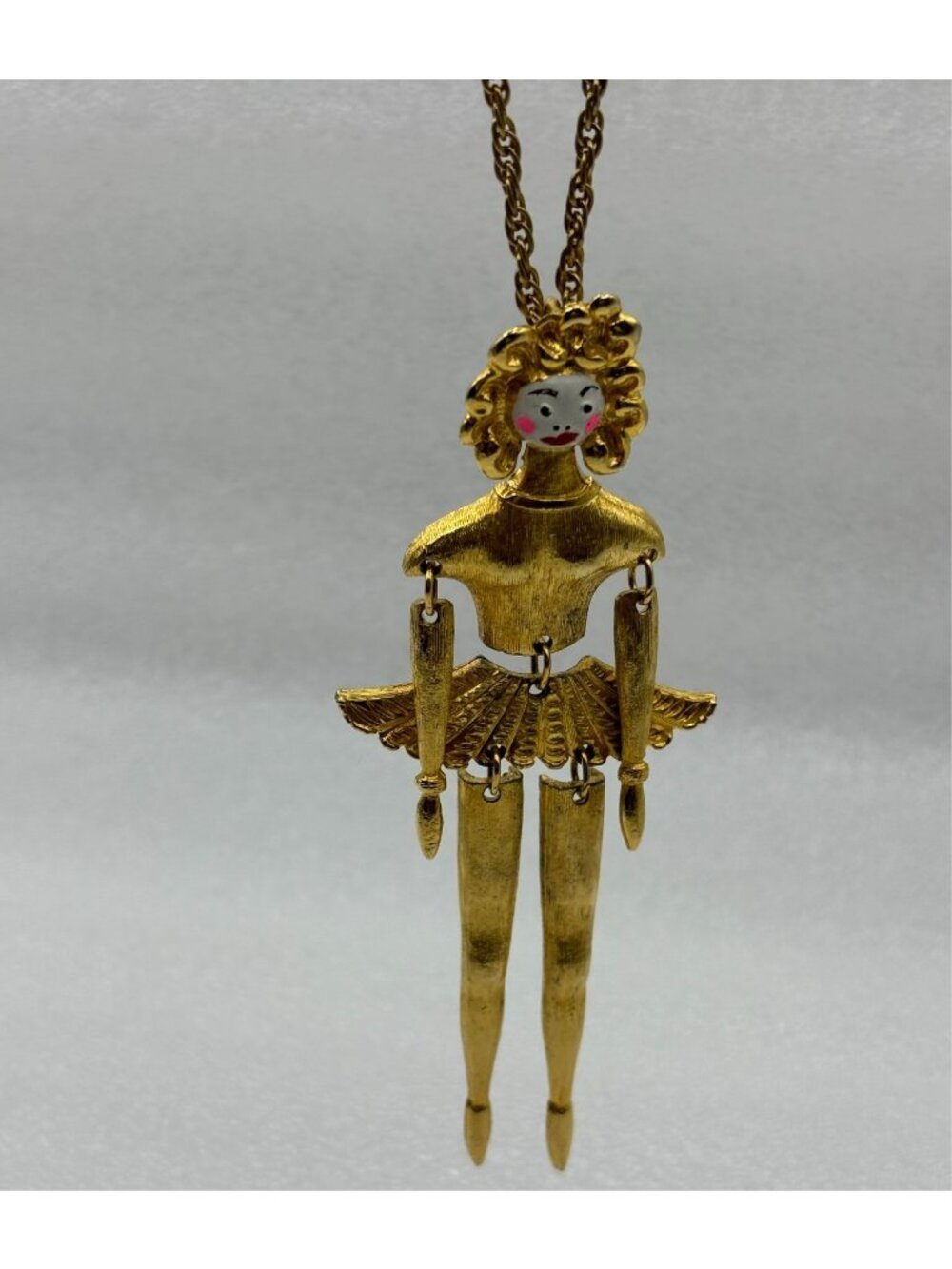 1960s Ballerina Figural Gold Tone Articulated Enamel Face Necklace